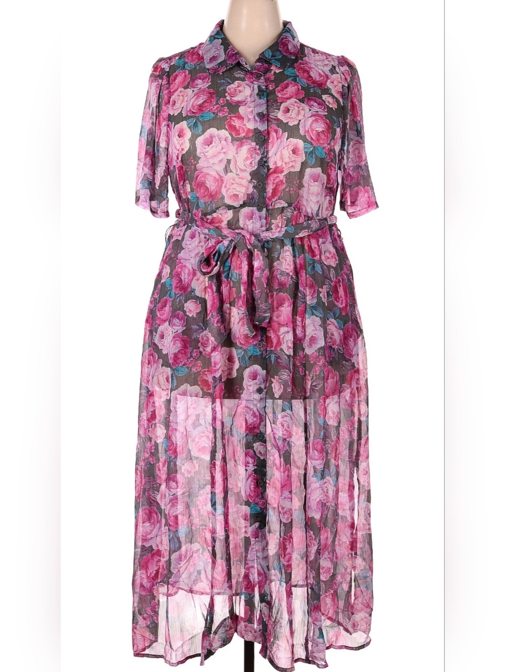 Torrid Pink Floral Midi Dress with Belt and Grey Slip